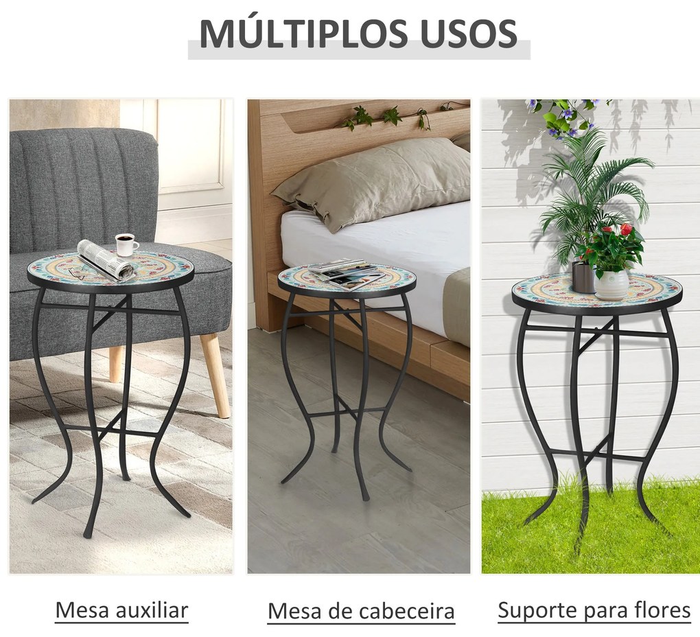Mesa de Jardim Redonda Mesa Auxiliar de Mosaico com Pés de Metal para