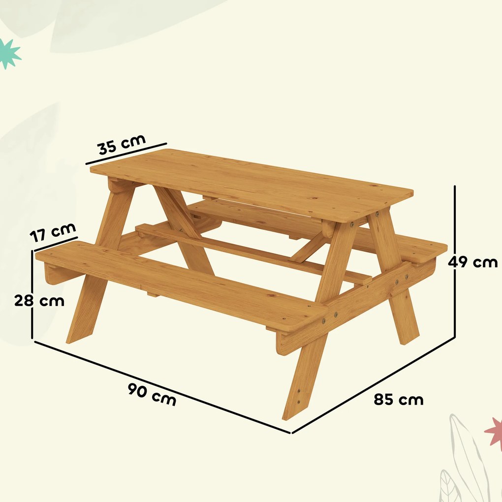 Conjunto de mobiliário de jardim infantil para exterior, mesa de piquenique infantil com bancos, estrutura em madeira maciça, madeira natural