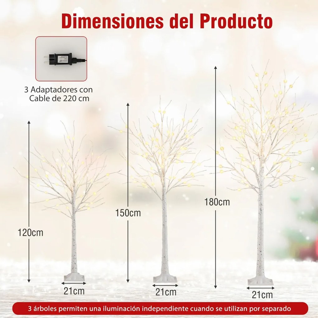 Conjunto de 3 árvores de bétula iluminadas de Natal artificiais pré-montadas de 120/150/180 cm com 216 luzes LED brancas