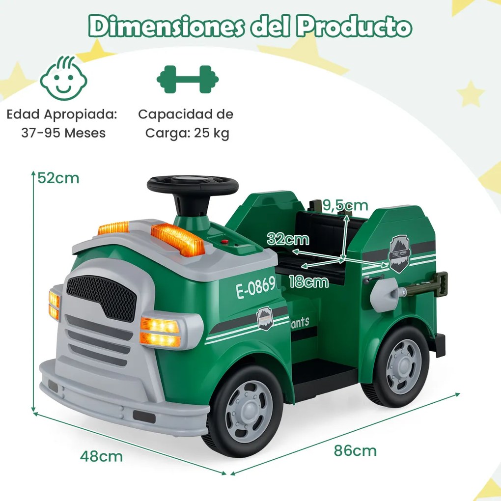 Camião de Bombeiros Elétrico para Crianças 12V com Pá e Chave Extintor Escada Capacete de Segurança com Música Verde