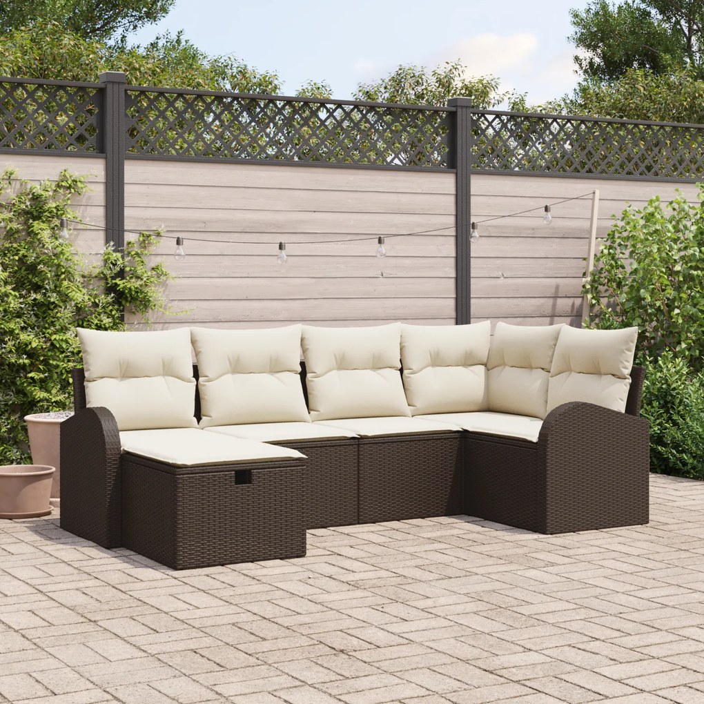 Conjunto de Sofá de Jardim de 6 Peças com Almofadas Castanho Rattan Po