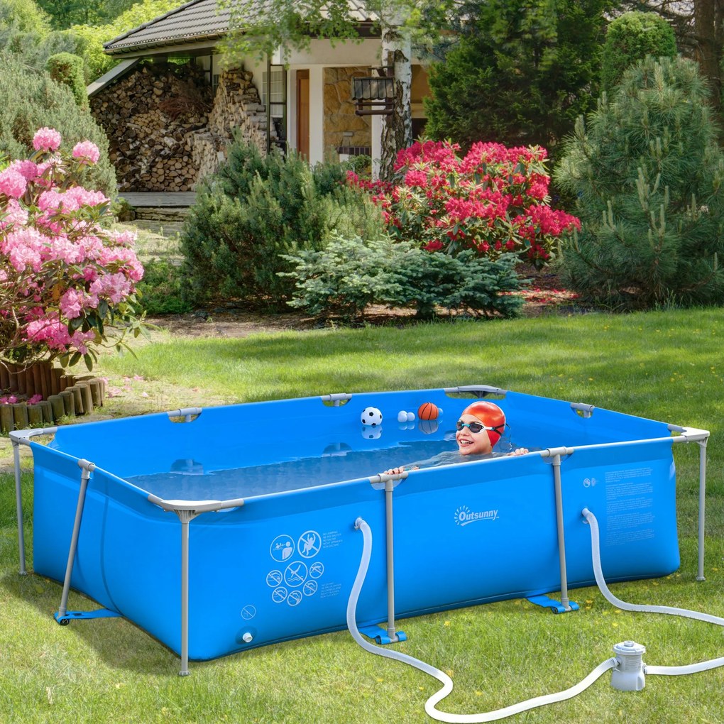 Outsunny Piscina Desmontável Tubular 291x190x75cm com Depuradora de Cartucho Piscina Retangular de Exterior para Adultos e Crianças 3600L Azul