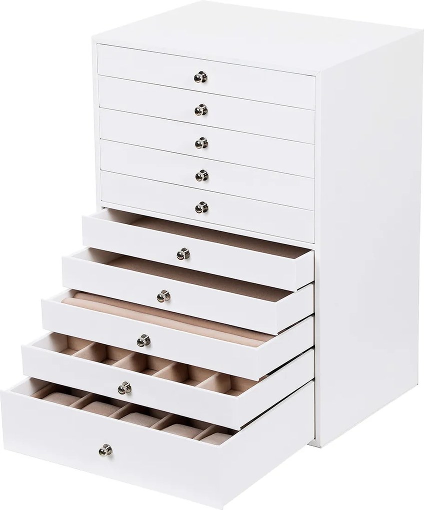 Caixa para joias com 10 gavetas, 40,5 x 29 x 20,5 cm branca