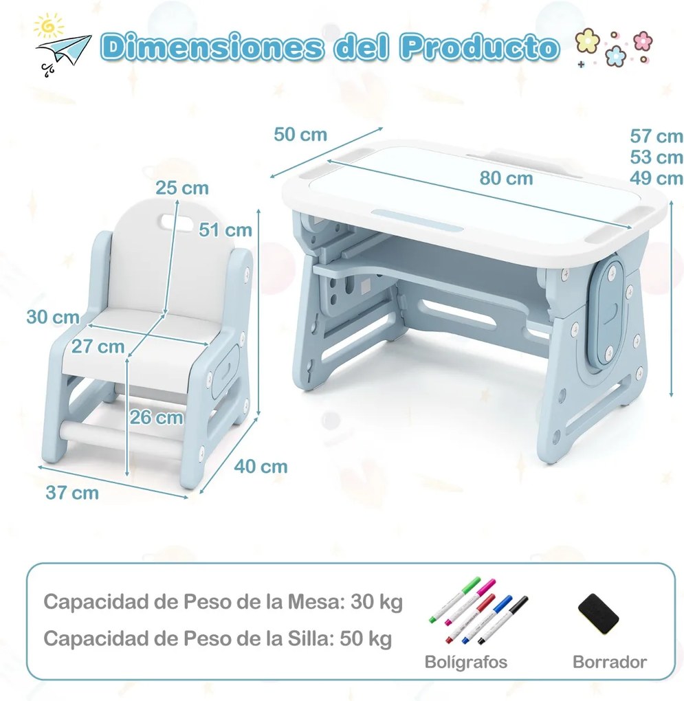 Conjunto de mesa e cadeira para crianças com quadro negro inclinado, suporte para livros e prateleira côncava para maiores de 3 anos, Azul