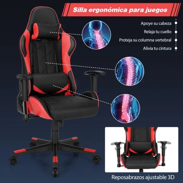 Cadeira giratória para gaming ergonómica para computador Reclinável Ajustável em estilo Carrera com almofada lombar Vermelho e preta