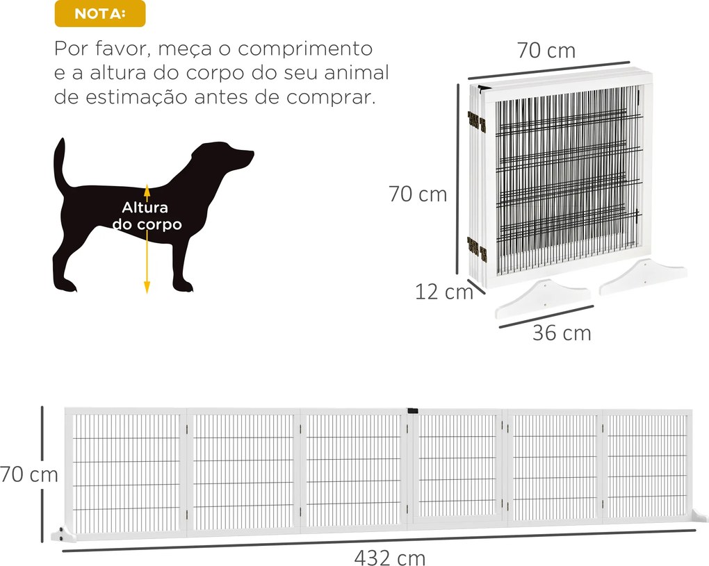 Barreira de Segurança para Cães de Madeira Dobrável para Cães Pequenos e Médios com 6 Painéis 432x36x70 cm Branco