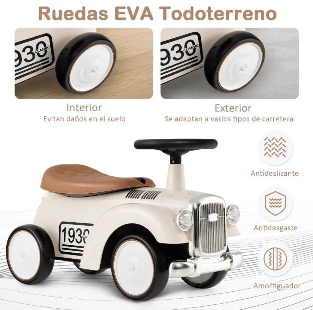Andarilho de brincar carro retro para crianças, sem pedais, com arrumação e rodas em EVA Branco