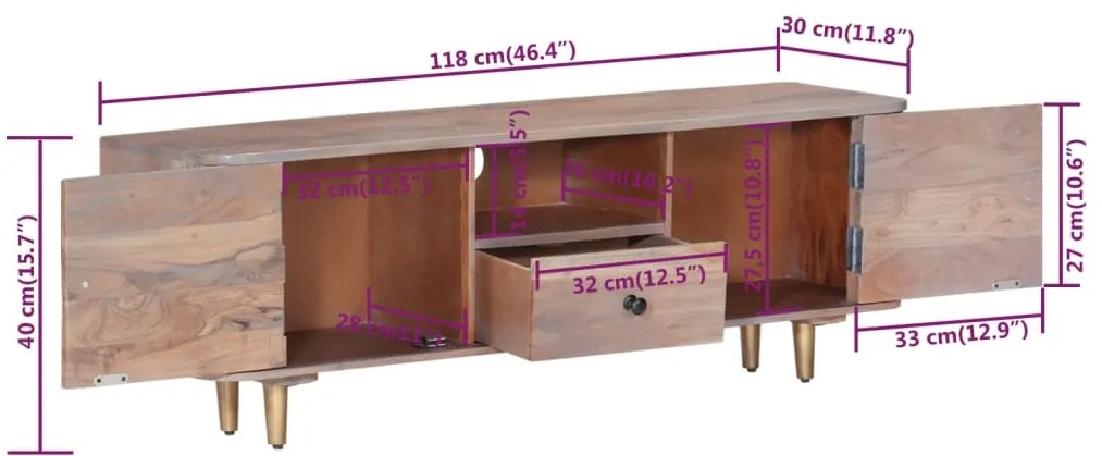 Móvel de TV 118x30x40 cm madeira de acácia maciça