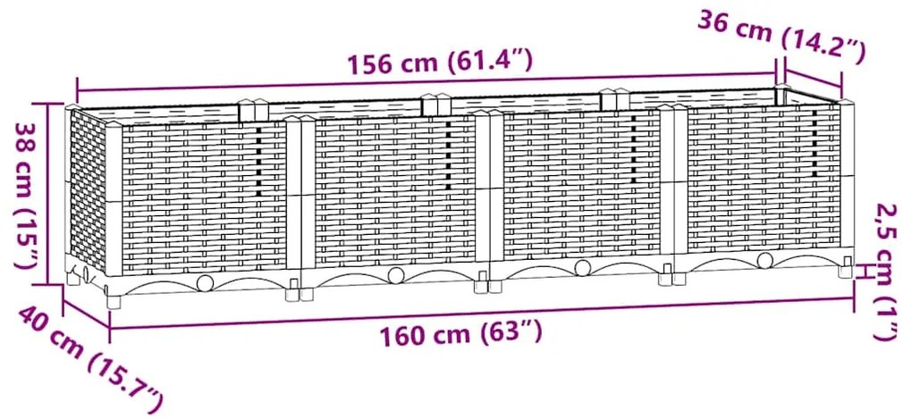 Canteiro elevado 160x40x38 cm polipropileno