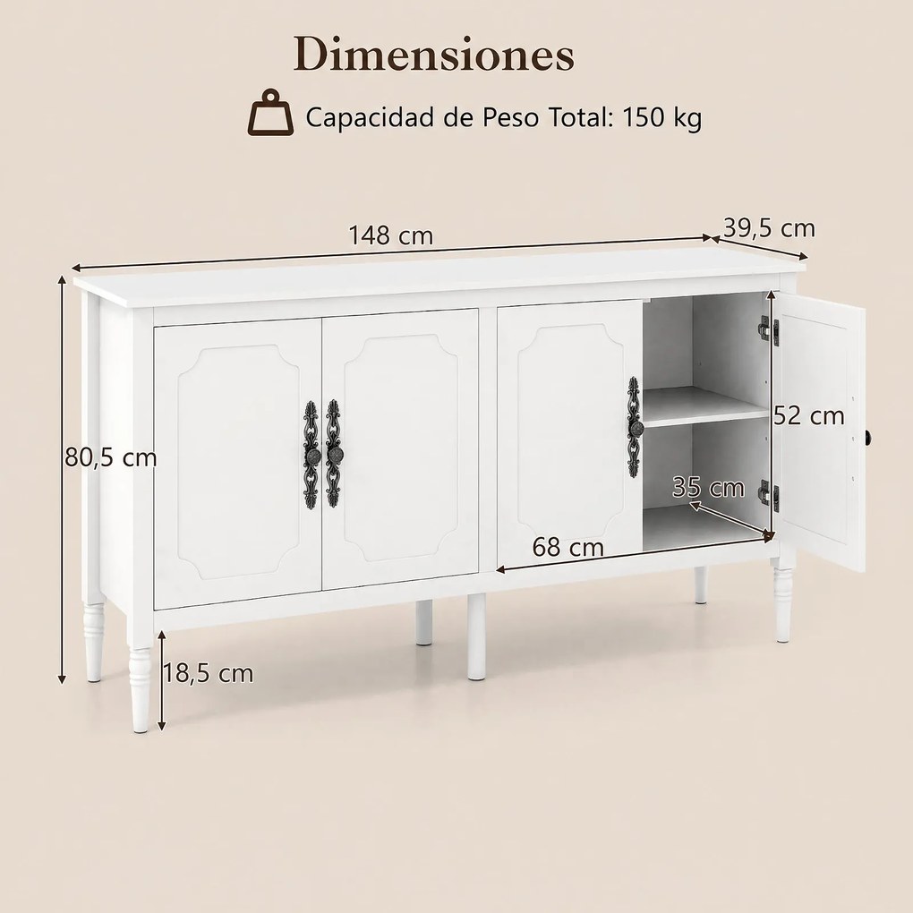 Aparador de 4 Portas, 148 x 39,5 x 80,5 cm, Prateleiras Ajustáveis, Branco