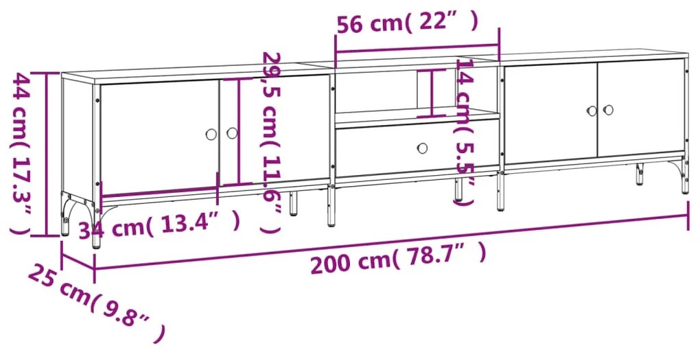 Móvel TV c/ gaveta 200x25x44 cm derivados madeira cinza sonoma