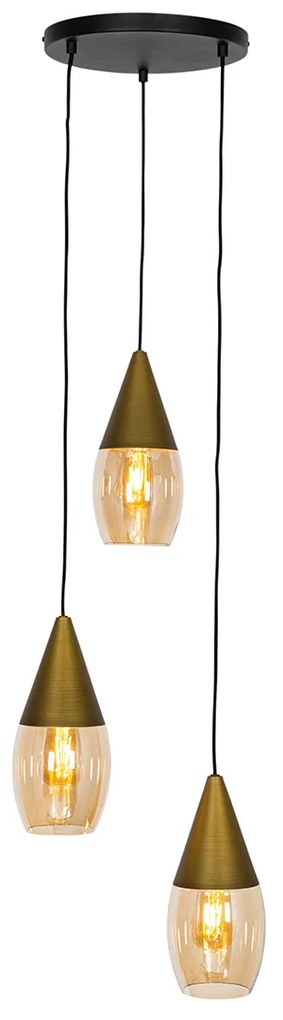 Candeeiro suspenso moderno dourado com vidro âmbar 3 luzes - Drop Moderno