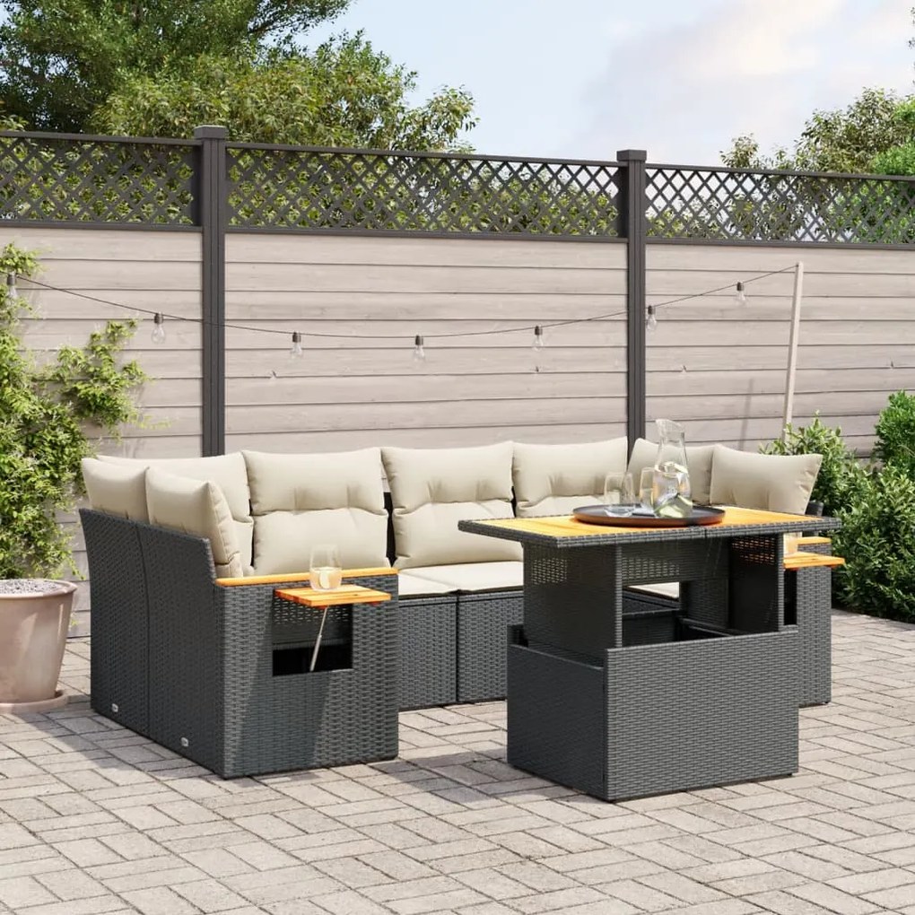 vidaXL 7 pcs conjunto de sofás p/ jardim c/ almofadões vime PE preto