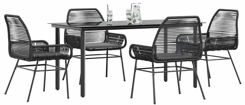 vidaXL Conjunto de jantar jardim 5 peças almofadas vidro vime PE preto