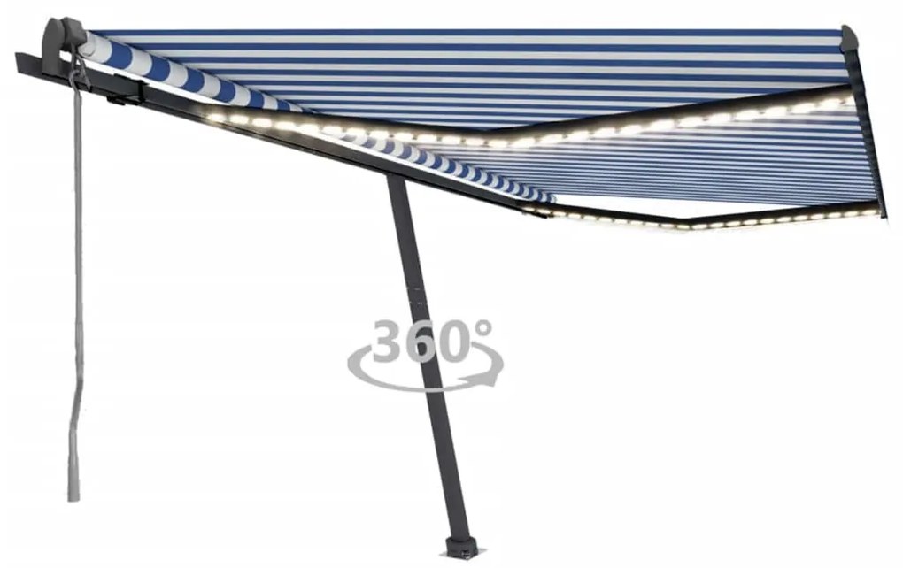 Toldo automático LED e sensor de vento 400x350 cm azul e branco
