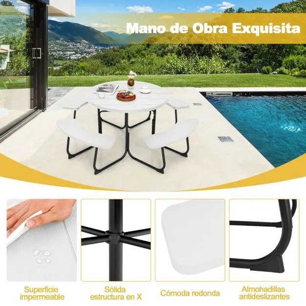 Conjunto de jardim para 8 pessoas com mesa e 4 bancos, orifício para guarda-sol e mesa de campismo redonda para piquenique no jardim Carga 225 kg Bran