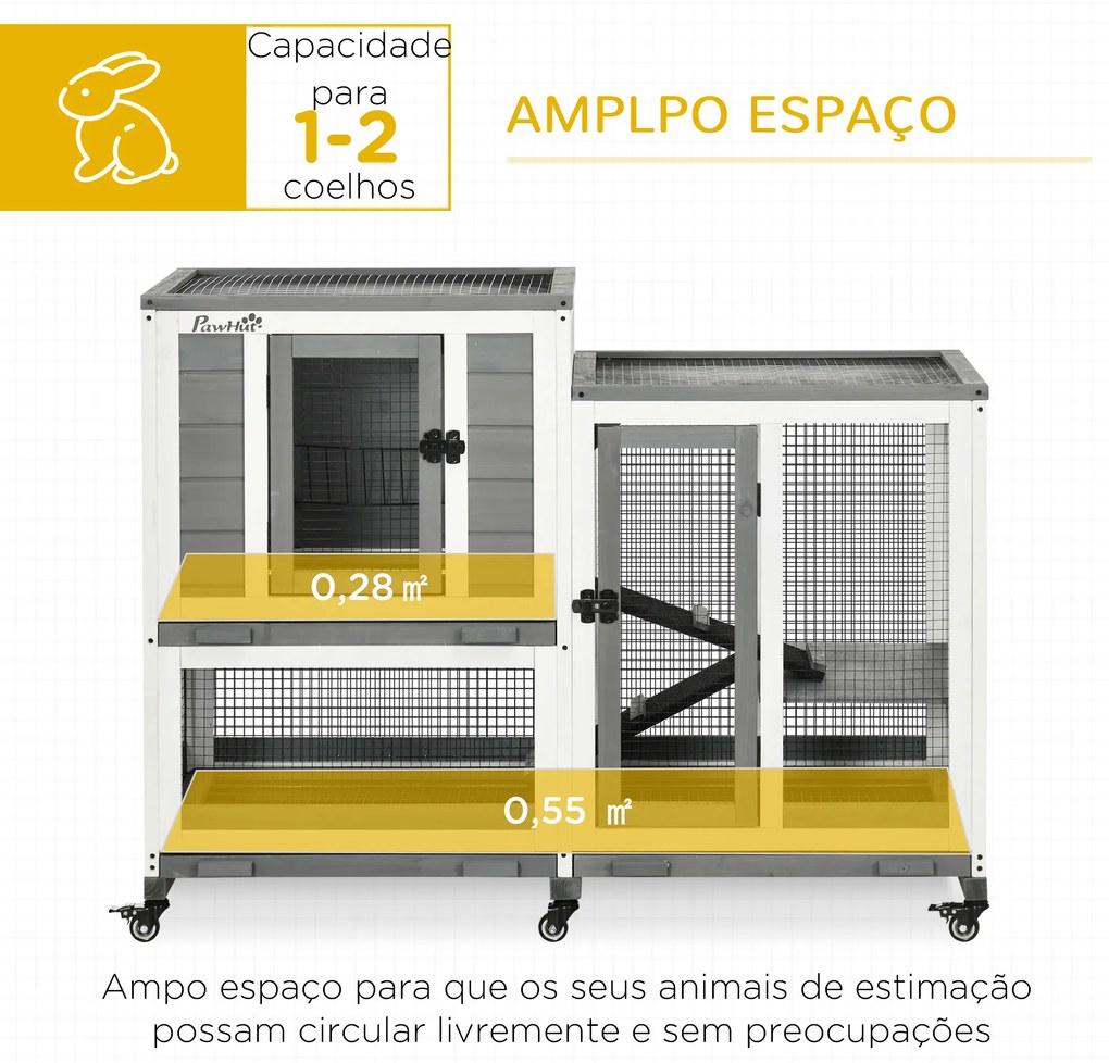Coelheira de Madeira Interior Gaiola para Coelhos de 2 Níveis com Rodas 2 Rampas 3 Bandejas Amovíveis 110x50x86 cm Cinza