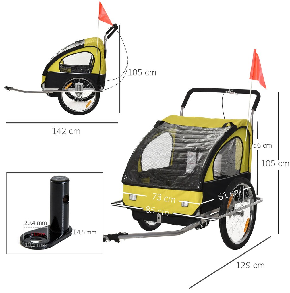 HOMCOM Reboque de Bicicleta 2 EM 1 para crianças de 2 lugares com Amortecedores Convertível em carrinho com barra e kit de corrida 129x85x105cm Amarelo