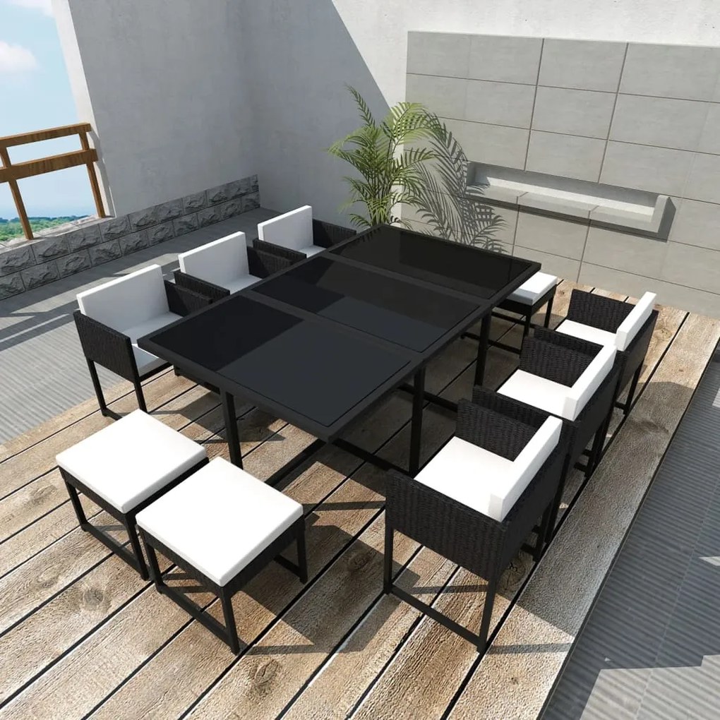 42763 vidaXL 11 pcs conjunto jantar exterior com almofadões vime PE preto
