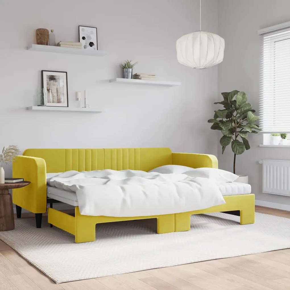 vidaXL Sofá-cama com gavetão e colchões 80x200 cm veludo amarelo