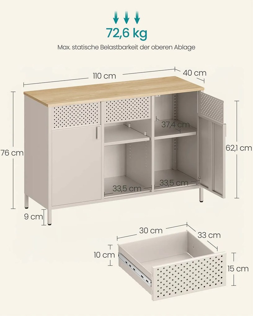 Armário metálico cozinha ou escritório 40 x 110 x 76 cm com prateleiras ajustáveis e fecho magnético bege areia-carvalho natural