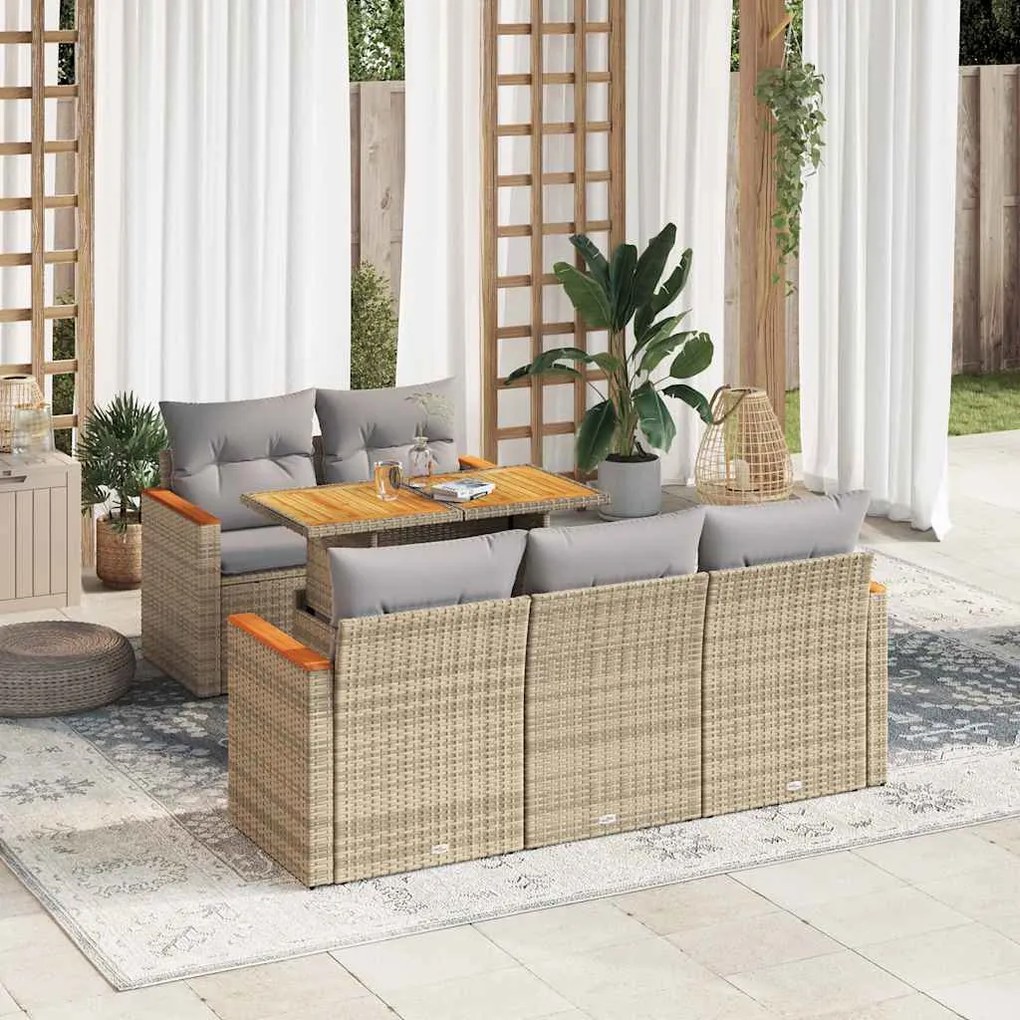 6 pcs conjunto sofás jardim com almofadões vime PE/acácia bege