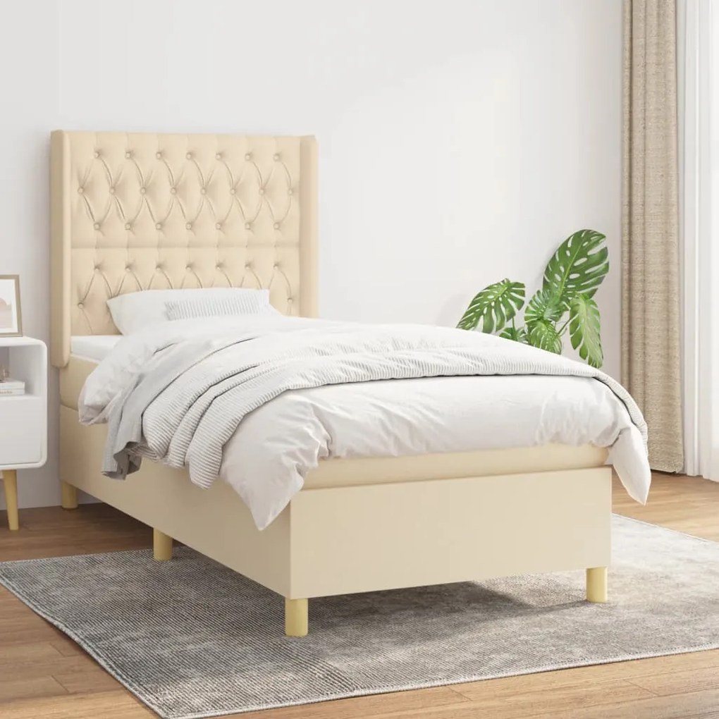 vidaXL Cama com molas/colchão 90x190 cm tecido cor creme