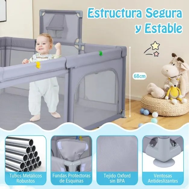 Parque infantil grande e seguro 207 x 145 x 68 cm com cesto de basquetebol e redes de futebol, argolas para lançar e bolas oceânicas, portas cinza cla