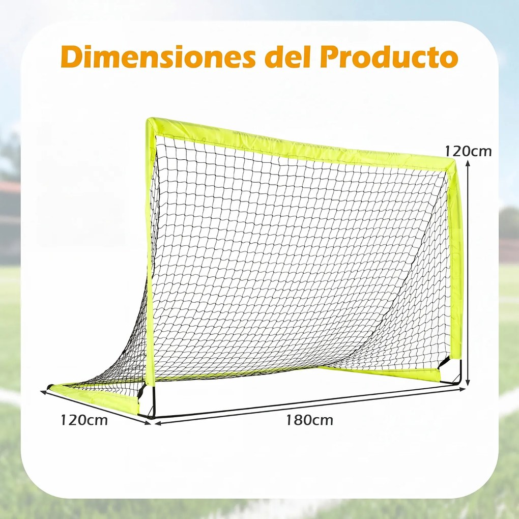 Conjunto de 2 Balizas de Futebol Infantis Pop-up, 182 x 122 x 118 cm, Estrutura Dobrável, Verde