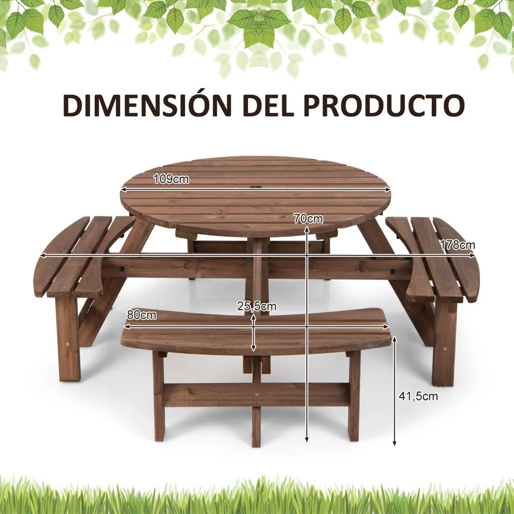 Conjunto jardim de mesa de madeira para 8 pessoas ao ar livre com mesa de piquenique com buraco para guarda-sol e 4 bancos de jardim Castanho