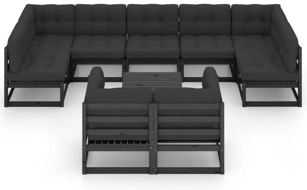 10 pcs conjunto lounge jardim c/ almofadões pinho maciço preto