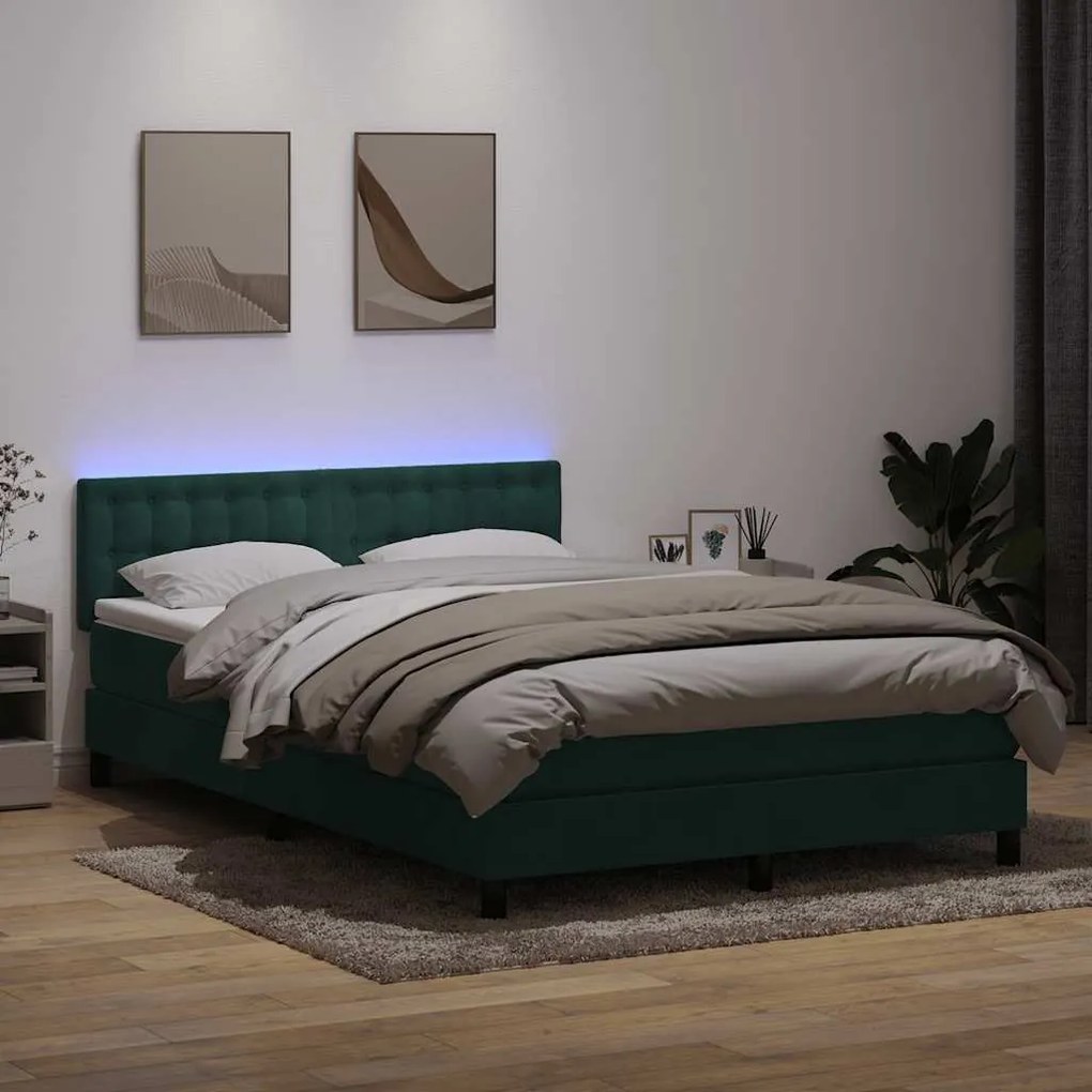vidaXL Cama box spring c/ colchão e LED 160x210 cm veludo verde escuro