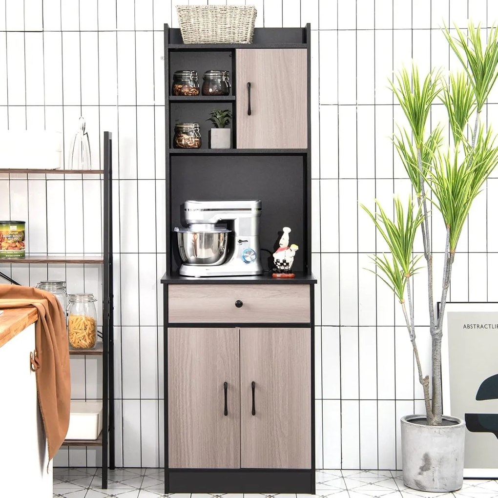 Armário de cozinha alto 60 x 40 x 180 cm, com 2 portas e gaveta, prateleiras ajustáveis e orifício para cabos, espaço para micro-ondas, Preto e castan