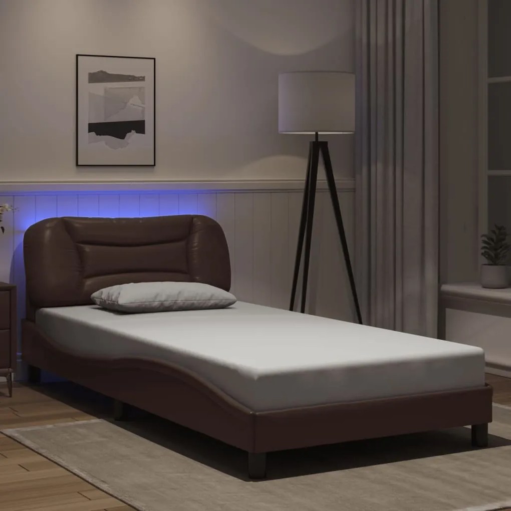 Estrutura cama c/ luzes LED 100x200cm couro artificial castanho