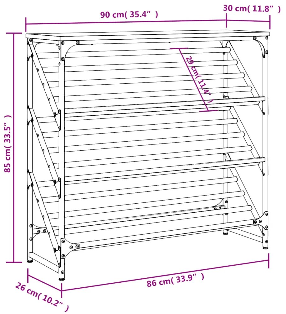 Sapateira Escada - Com 3 Níveis - Cor Cinzento Sonoma - 90x30x85 cm -