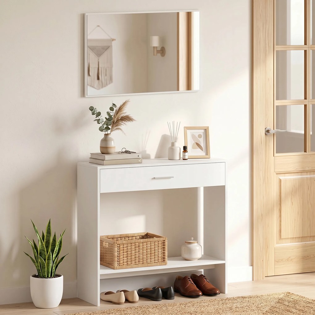 Consola de Entrada com Espelho, Gaveta e Prateleira para Hall, 91,5x27,9x85,5 cm, Branco