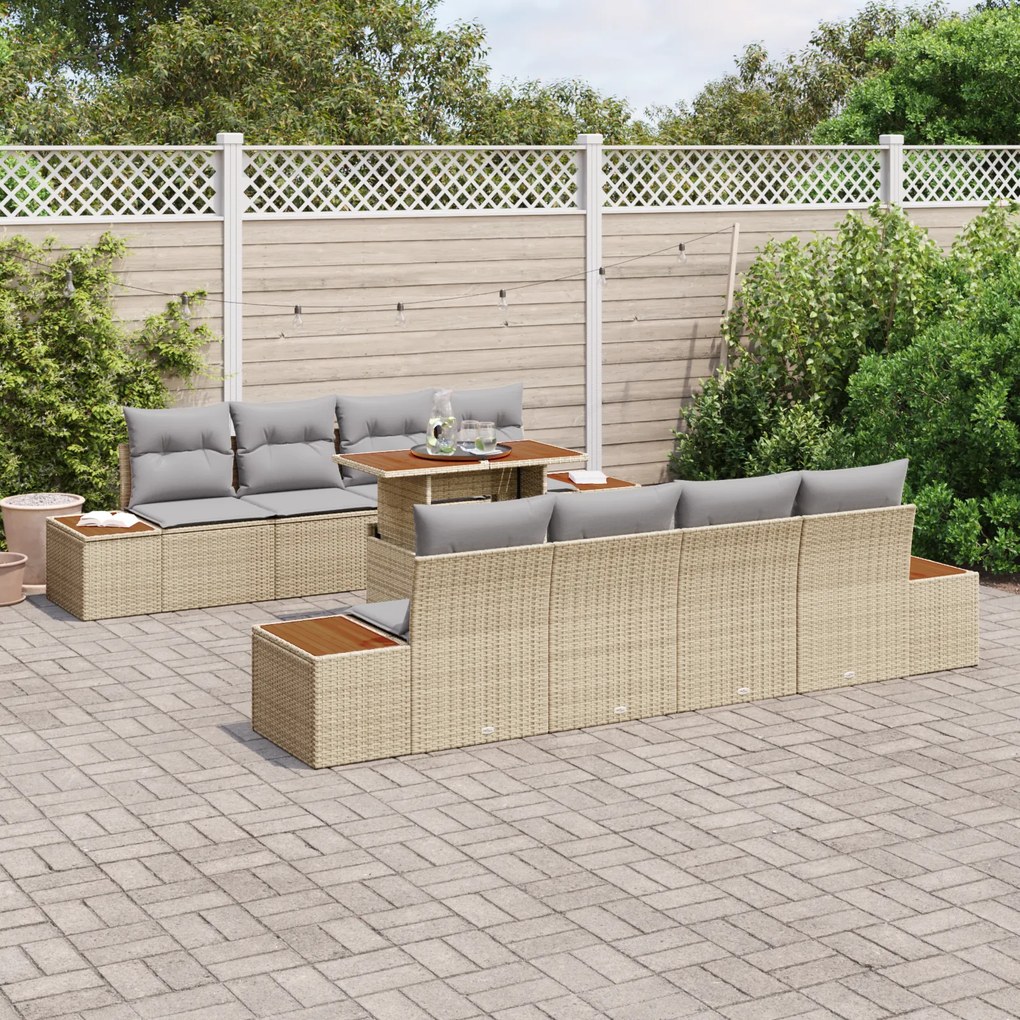 Conjunto de Sofá de Jardim de 9 Peças com Almofadas Bege em Polyrattan