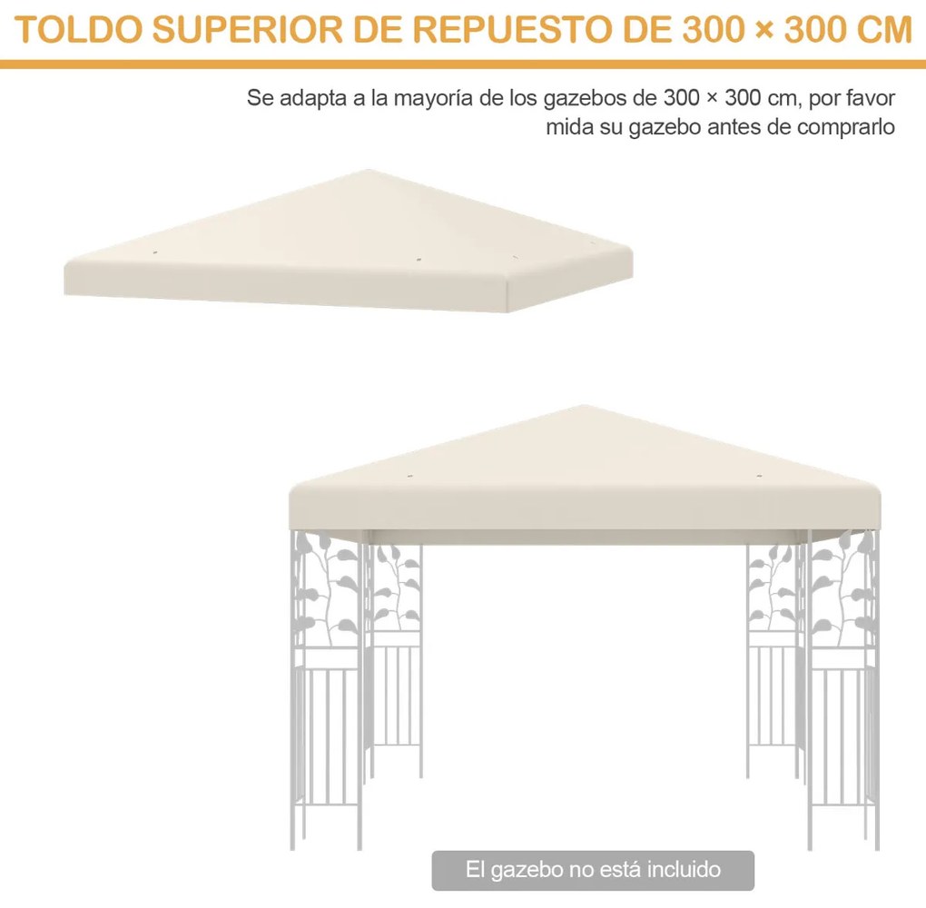 Teto de substituição para tenda ou pérgula 300 x 300 cm de poliéster com orifícios de drenagem em velcro Bege