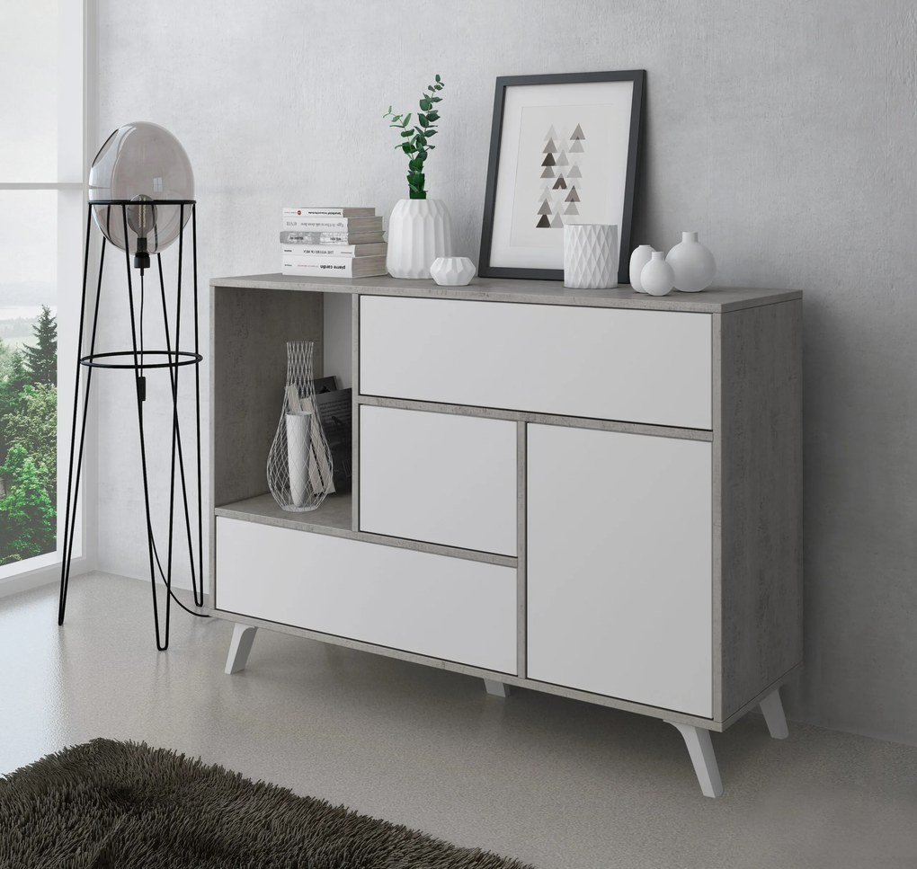 Aparador sala de jantar WIND 1 porta buffet unidade, 3 gavetas, estrutura cor CEMENTO, porta e gavetas cor MATT BRANCO. Tamanho: 120x40x86cm.