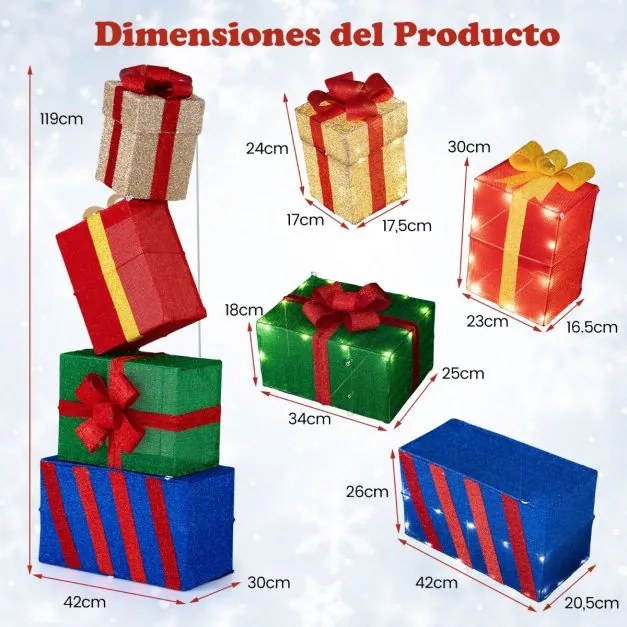 Conjunto de 4 caixas de presente iluminadas de Natal luminosas com laços coloridos 52 luzes LED brancas quentes multicoloridas