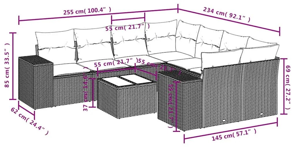 9 pcs conj. sofás jardim com almofadões vime PE cinzento-claro