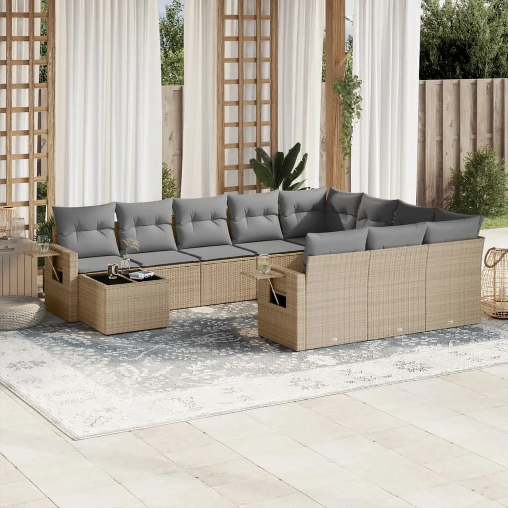 11 pcs conjunto sofás de jardim c/ almofadões vime PE bege