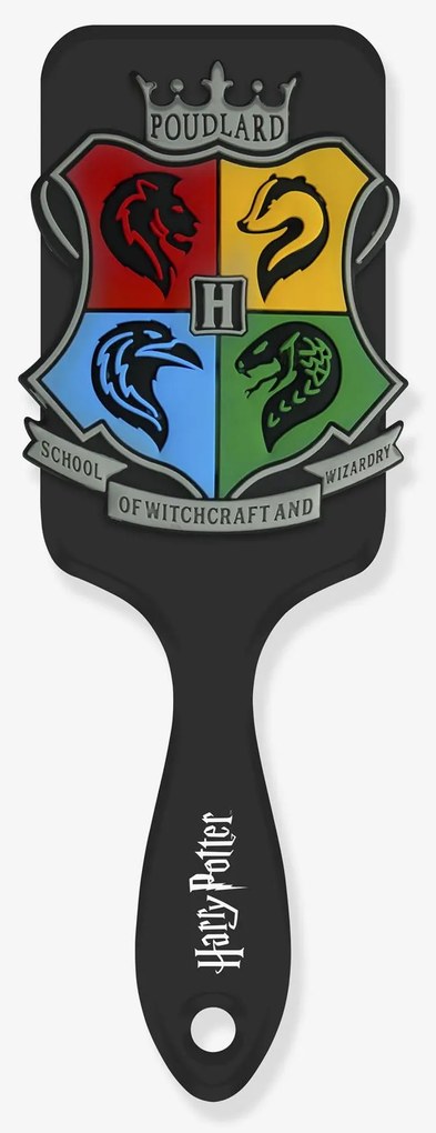 Escova de cabelo Harry Potter® com aplicação em 3D das 4 casas, em silicone preto