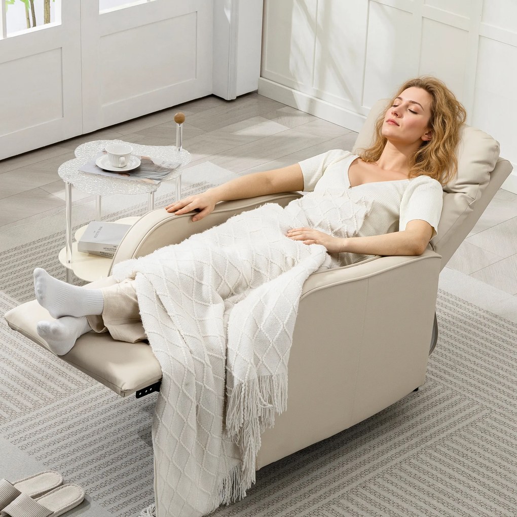 Poltrona Relax Reclinável Manual Revestida em PU com Apoio de Pés Retrátil Reclinável até 160º  65x89x100 cm Creme
