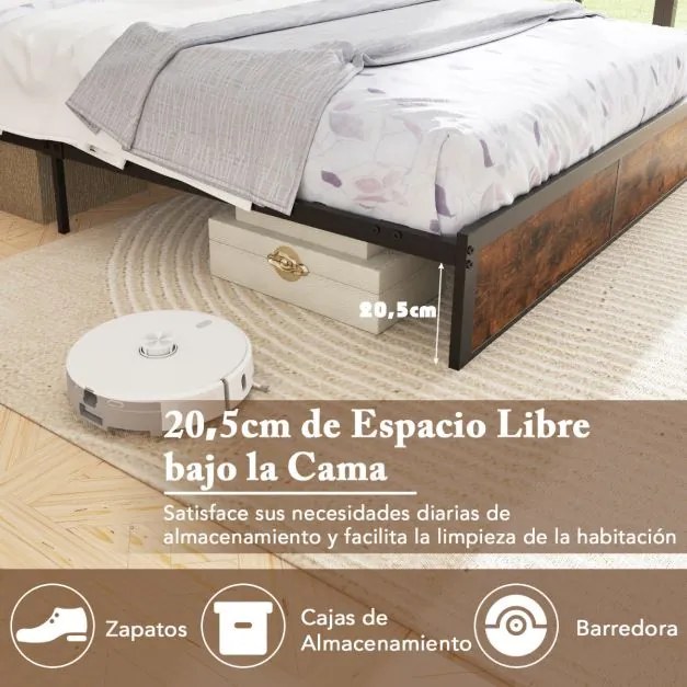 Cama de casal com estação de carregamento, estrutura de cama metálica com cabeceira e espaço de arrumação 200 x 140 cm (colchão não incluído)