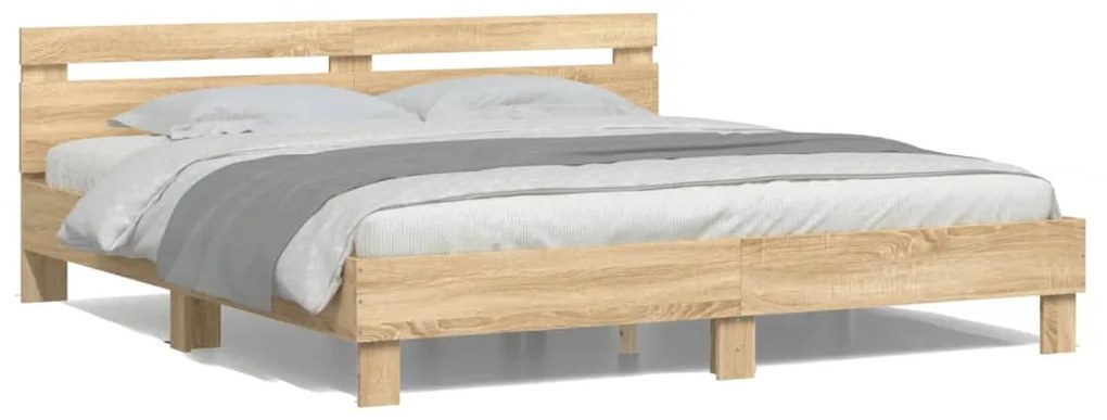 vidaXL Estrutura cama c/ cabeceira/luzes LED 200x200cm carvalho sonoma