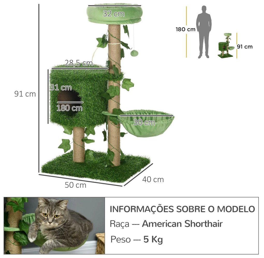 PawHut Árvore Arranhador para Gatos 91 cm Torre para 1-2 Gatos com Cav