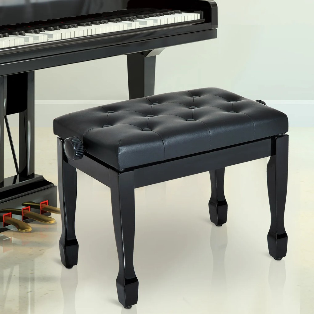 Banco de Piano Altura Ajustável Assento de Couro Sintético Pernas em Madeira 64x35x55 cm Preto