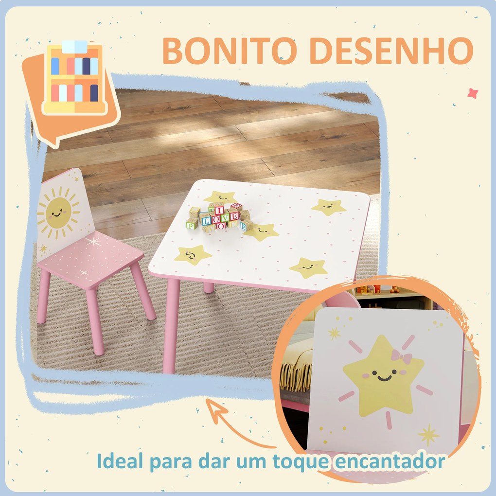 Mesa e Cadeiras para Crianças de 3 Peças Mesa Infantil com 2 Cadeiras em Madeira com Desenhos de Estrelas e Sol Rosa