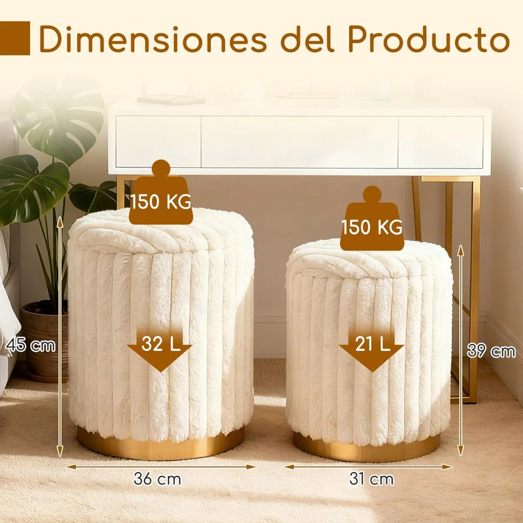 Conjunto de 2 pufe modernos 32 L + 21 L Pufes redondos estofados em pele de coelho com tampas removíveis e espaço bege